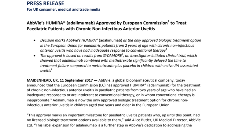 AbbVie’s HUMIRA® (adalimumab) Approved by European Commission to Treat Paediatric Patients with Chronic Non-infectious Anterior Uveitis