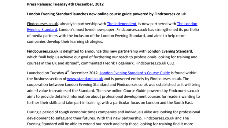 London Evening Standard launches new online course guide powered by Findcourses.co.uk