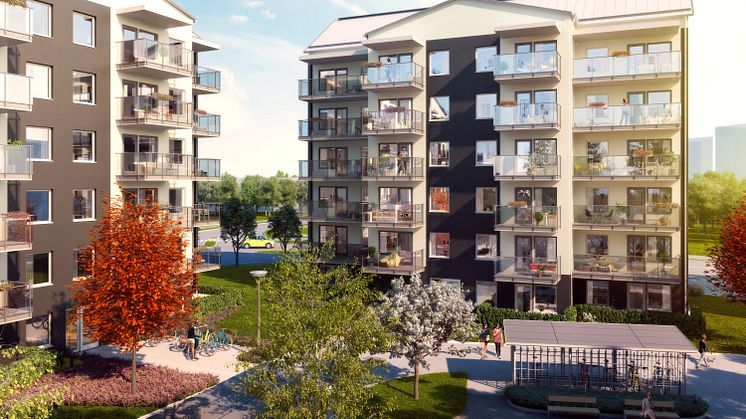 Två hus med totalt 69 hyreslägenheter byggs i Tegnerlunden, Västerås. Illustration: WEC360