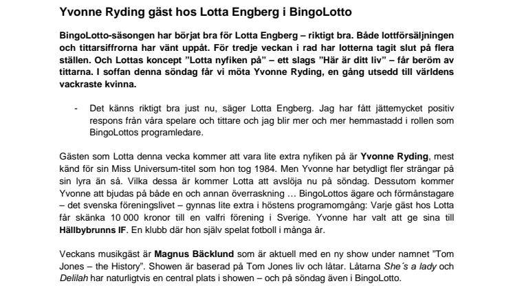 Yvonne Ryding gäst hos Lotta Engberg i BingoLotto 