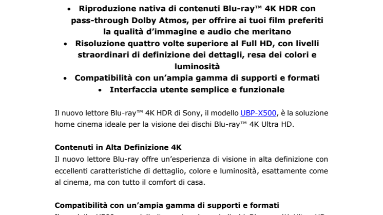 Immagini e audio di elevata qualità con il nuovo lettore Blu-ray™ 4K HDR UBP-X500 di Sony
