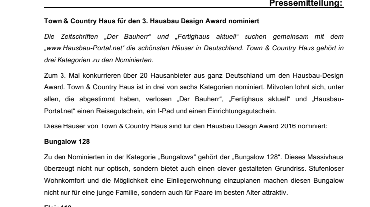 Town & Country Haus für den 3. Hausbau Design Award nominiert