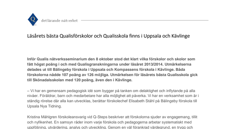Läsårets bästa Qualisförskolor och Qualisskola finns i Uppsala och Kävlinge