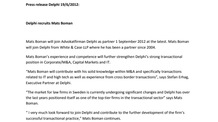 Delphi recruits Mats Boman