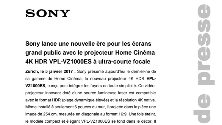 ​Sony lance une nouvelle ère pour les écrans grand public avec le projecteur Home Cinéma 4K HDR VPL-VZ1000ES à ultra-courte focale