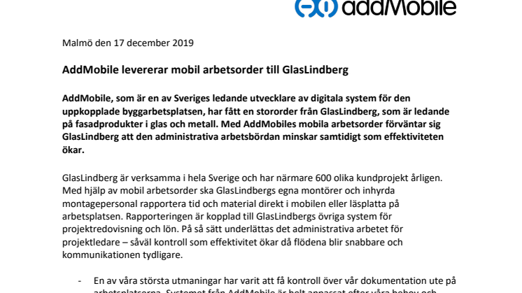 ​AddMobile levererar mobil arbetsorder till GlasLindberg