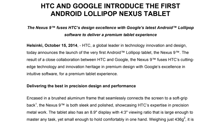 HTC AND GOOGLE INTRODUCE THE FIRST ANDROID LOLLIPOP NEXUS TABLET 