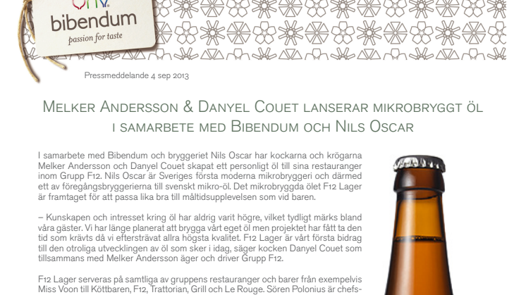 Melker Andersson & Danyel Couet lanserar mikrobryggt öl i samarbete med Bibendum och Nils Oscar