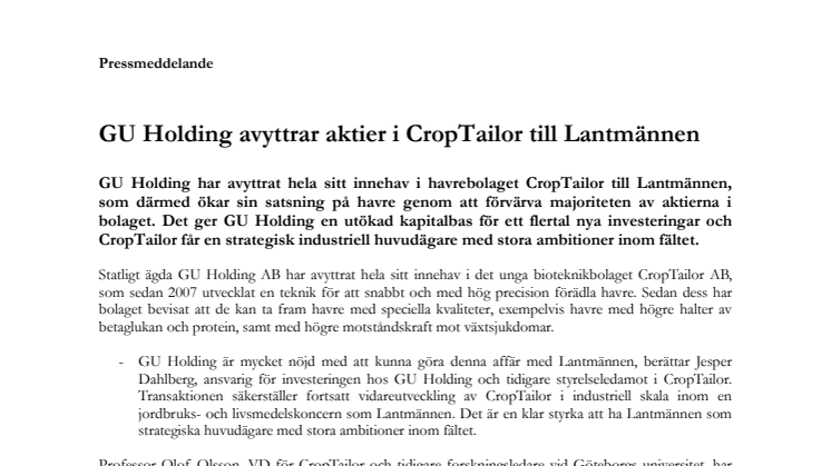 GU Holding avyttrar aktier i CropTailor till Lantmännen