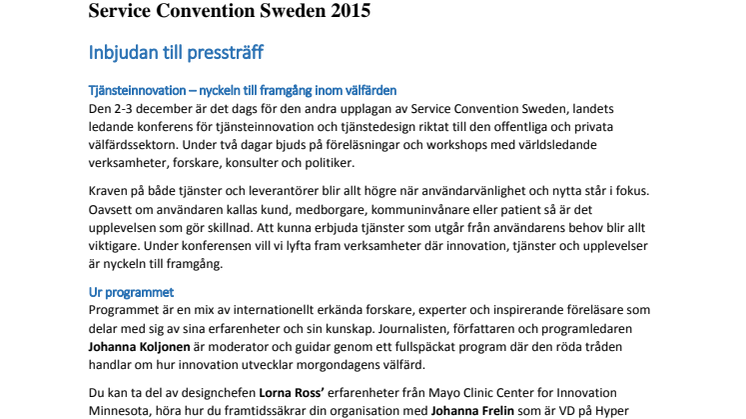 Inbjudan till pressträff för Service Convention Sweden 2-3 december 2015