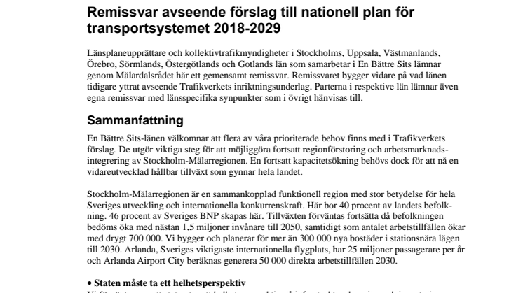 Remissvar avseende Trafikverkets förslag till nationell plan för transportsystemet 2018-2029