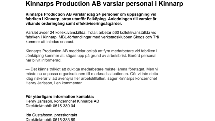 Kinnarps Production AB varslar personal i Kinnarp