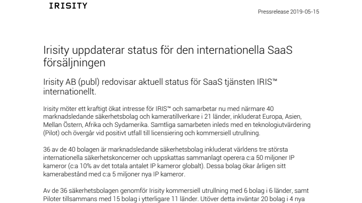 Irisity uppdaterar status för den internationella SaaS försäljningen