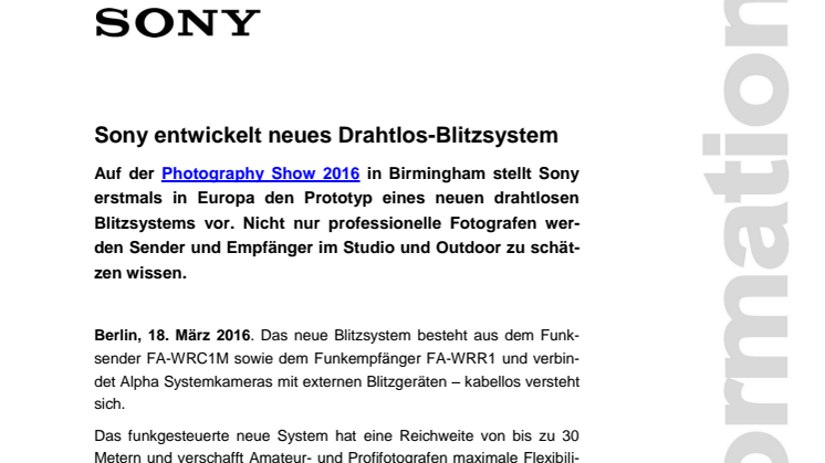 Sony entwickelt neues Drahtlos-Blitzsystem
