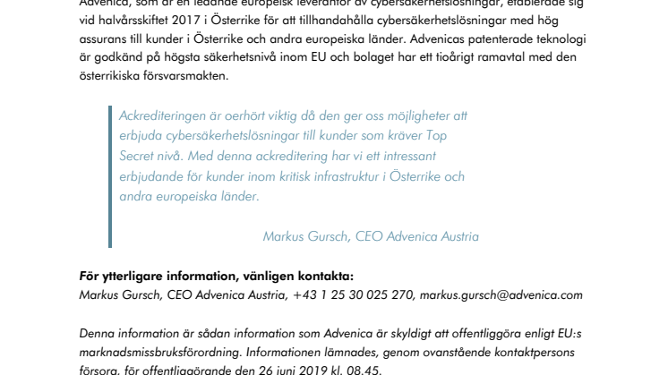 Advenicas datadioder erhåller nationell säkerhetsackreditering i Österrike