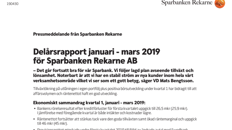 Delårsrapport, januari - mars 2019