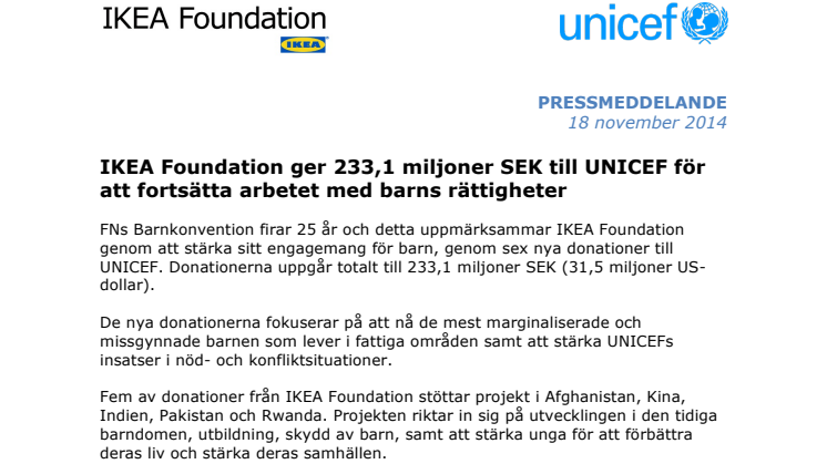 IKEA Foundation ger 233,1 miljoner SEK till UNICEF för att fortsätta arbetet med barns rättigheter
