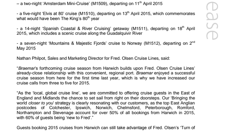 Fred. Olsen Cruise Lines’ to commence third cruise season from Harwich, on board Braemar