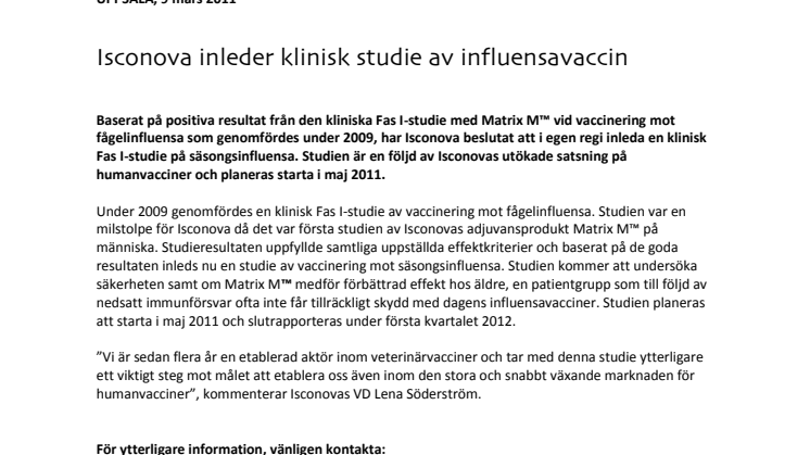 Isconova inleder klinisk studie av influensavaccin