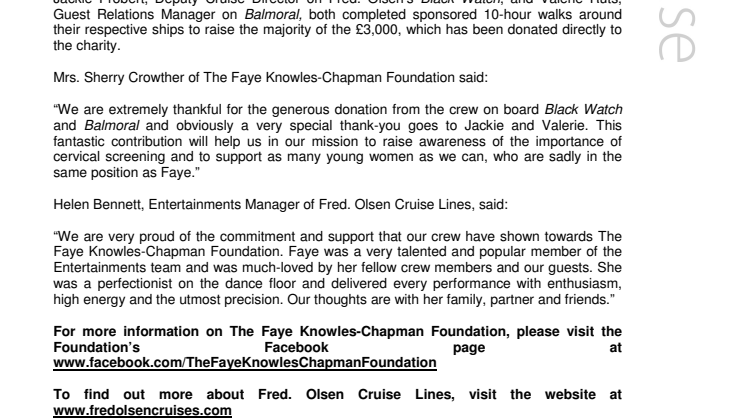 Fred. Olsen Cruise Lines’ crew raise £3,000 in memory  of much-loved dancer, Faye Knowles-Chapman