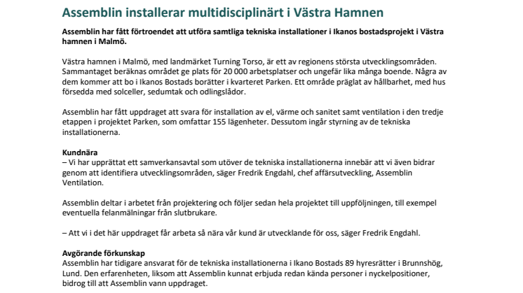 Assemblin installerar multidisciplinärt i Västra Hamnen 