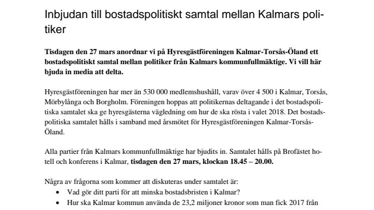 Inbjudan till bostadspolitiskt samtal mellan Kalmars politiker