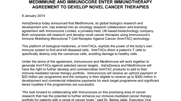MedImmune och Immunocore ingår ett avtal inom immunterapi i syfte att utveckla nya cancerbehandlingar 