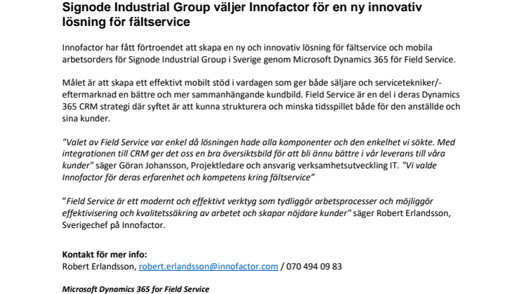 Signode Industrial Group väljer Innofactor för en ny innovativ lösning för fältservice