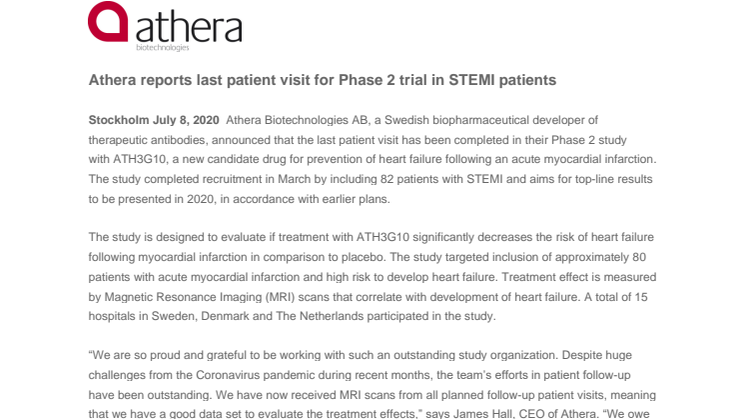 Athera reports last patient visit for Phase 2 trial in STEMI patients