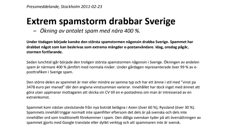 Extrem spamstorm drabbar Sverige
