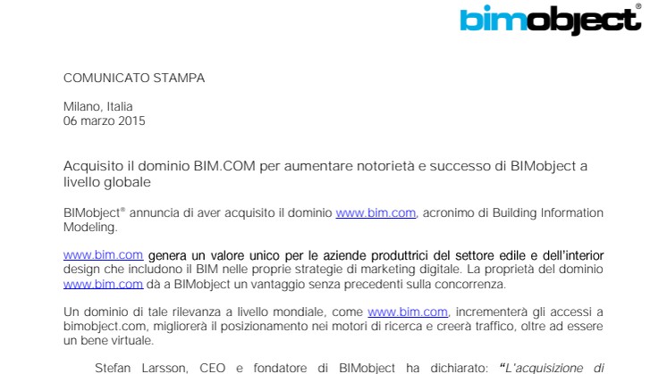 Acquisito il dominio BIM.COM per aumentare notorietà e successo di BIMobject a livello globale 