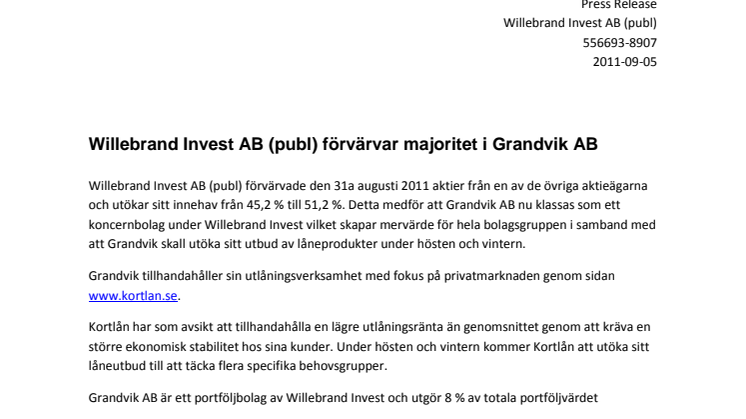 Willebrand Invest AB (publ) förvärvar majoritet i Grandvik AB