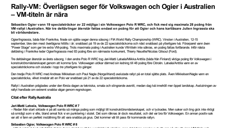Rally-VM: Överlägsen seger för Volkswagen och Ogier i Australien – VM-titeln är nära 