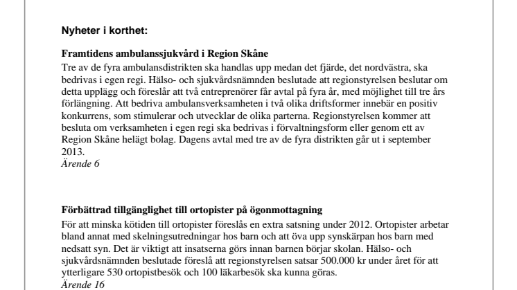 Pressinformation från hälso- och sjukvårdsnämnden 20 juni 2012