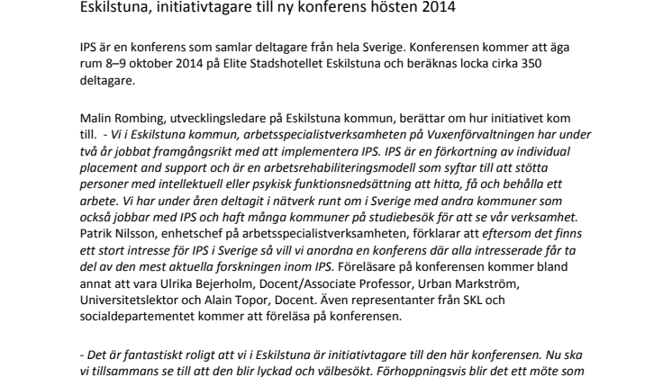 Eskilstuna, initiativtagare till ny konferens hösten 2014