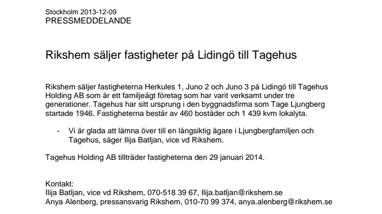 Rikshem säljer fastigheter på Lidingö till Tagehus