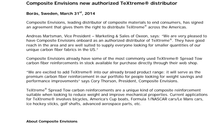 Composite Envisions new authorized TeXtreme® distributor