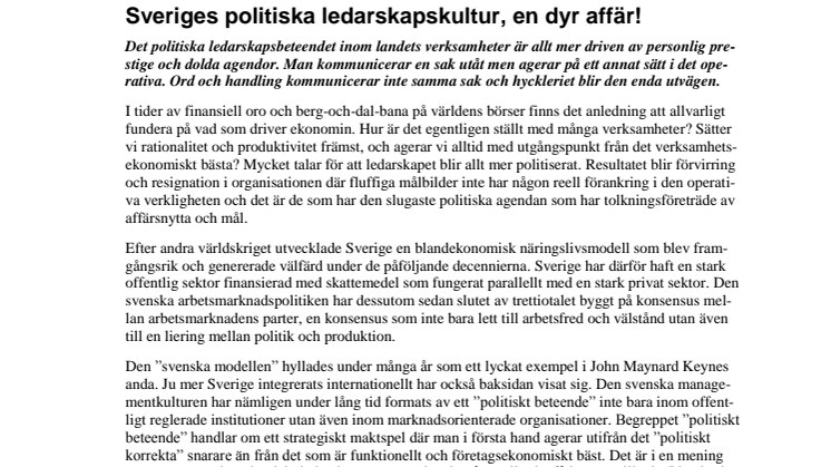 Sveriges politiska ledarskapskultur, en dyr affär! 