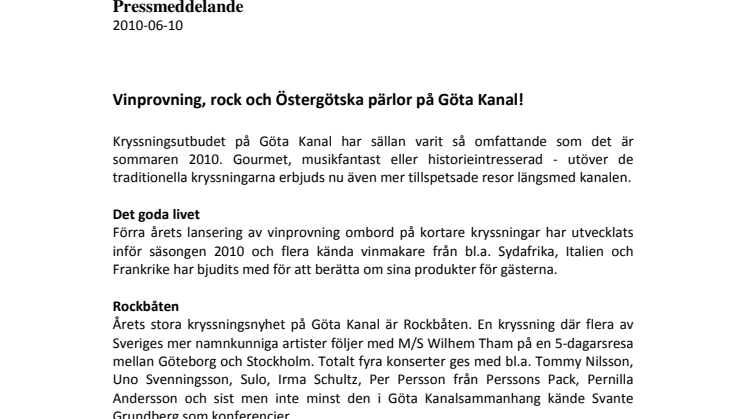 Vinprovning, rock och Östergötska pärlor på Göta Kanal!
