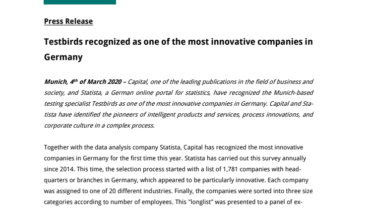 Testbirds recognized as one of the most innovative companies in Germany