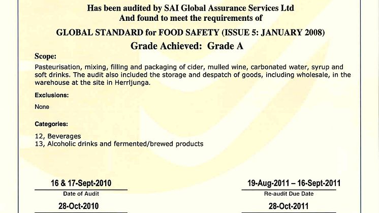 Herrljunga Cider är BRC-certifierade
