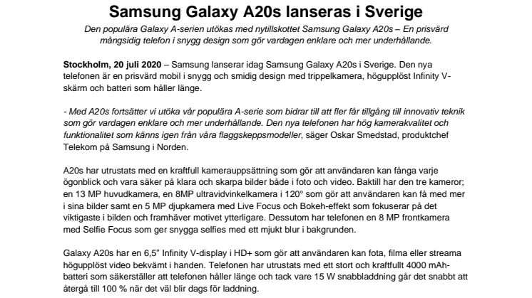 Samsung Galaxy A20s lanseras i Sverige