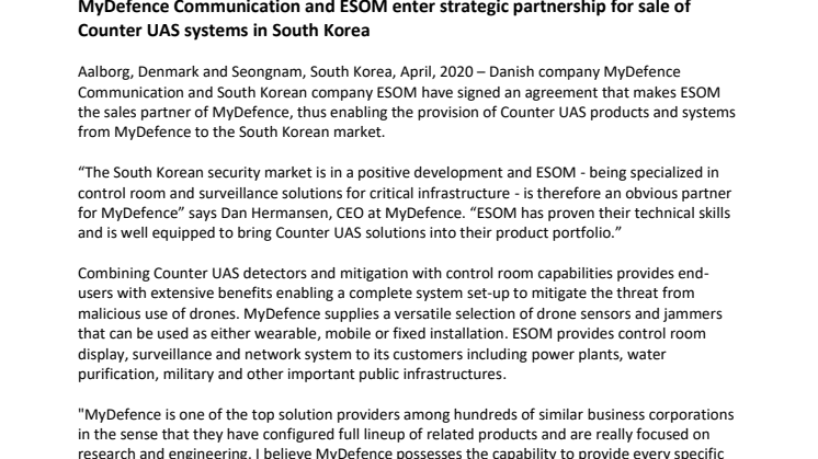 MyDefence Communication and ESOM enter strategic partnership for sale of Counter UAS systems in South Korea