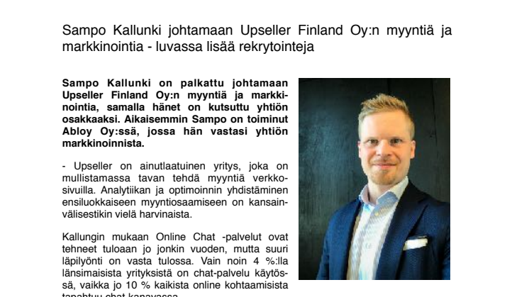 Sampo Kallunki johtamaan Upseller Finland Oy:n myyntiä ja markkinointia - luvassa lisää rekrytointeja