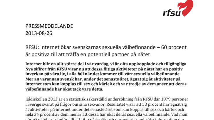 Internet ökar svenskarnas sexuella välbefinnande – 60 procent är positiva till att träffa en potentiell partner på nätet