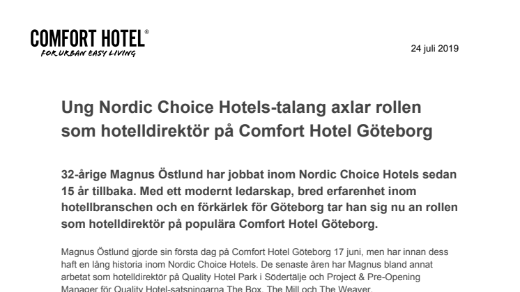 Ung Nordic Choice Hotels-talang axlar rollen som hotelldirektör på Comfort Hotel Göteborg