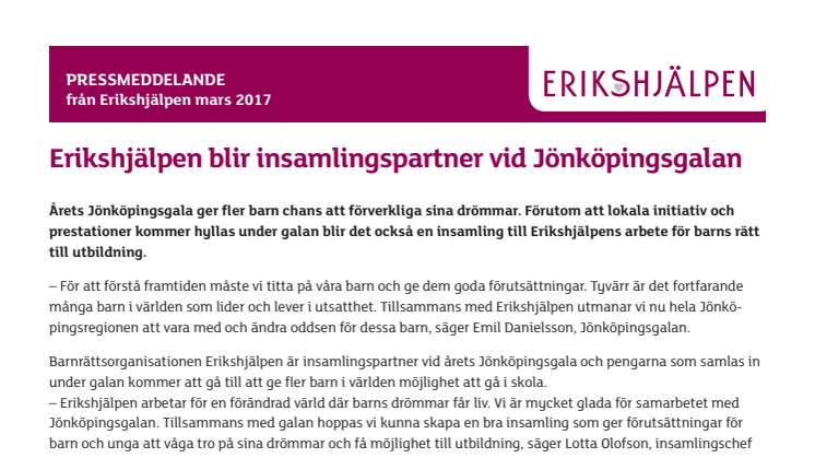 Erikshjälpen blir insamlingspartner vid Jönköpingsgalan