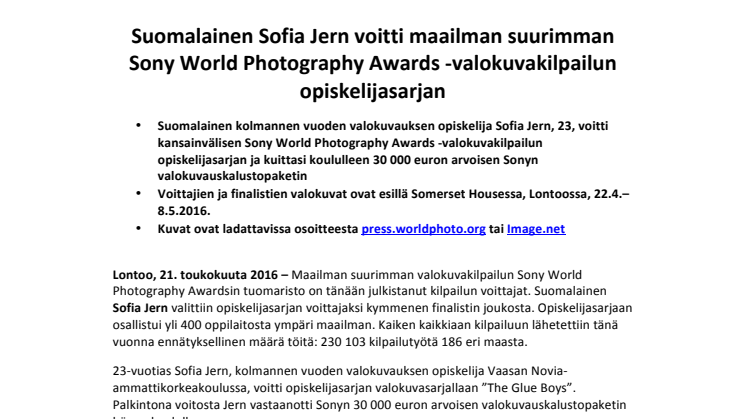 Suomalainen Sofia Jern voitti maailman suurimman Sony World Photography Awards -valokuvakilpailun opiskelijasarjan