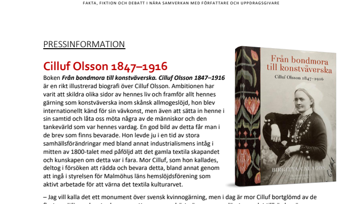 Pressmeddelande, boken om Cilluf Olsson 1847-1916