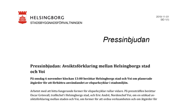 Pressinbjudan: Avsiktsförklaring mellan Helsingborgs stad och Voi